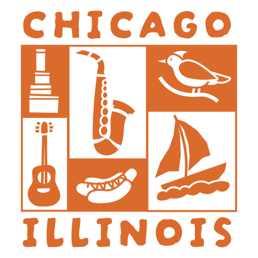 Diseño icónico de Chicago, Illinois, con música y lugares emblemáticos. Diseño PNG