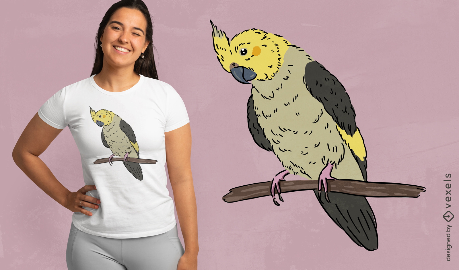 Design de camiseta de pássaro calopsita em um galho