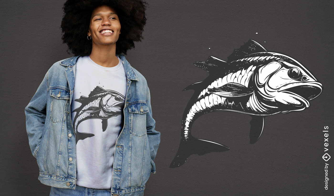 Diseño de camiseta con dibujo de pez blanco y negro.