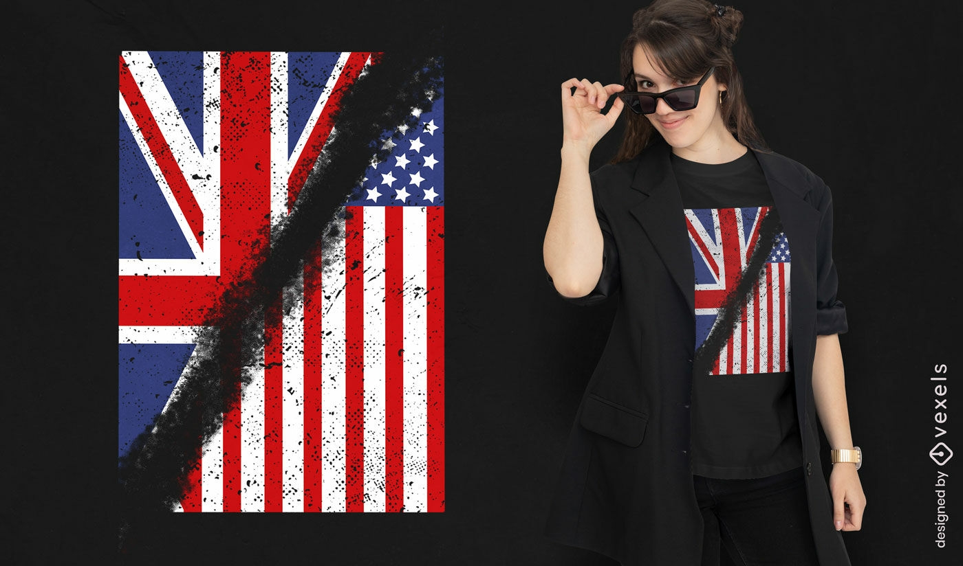 Diseño de camiseta de banderas angloamericanas.