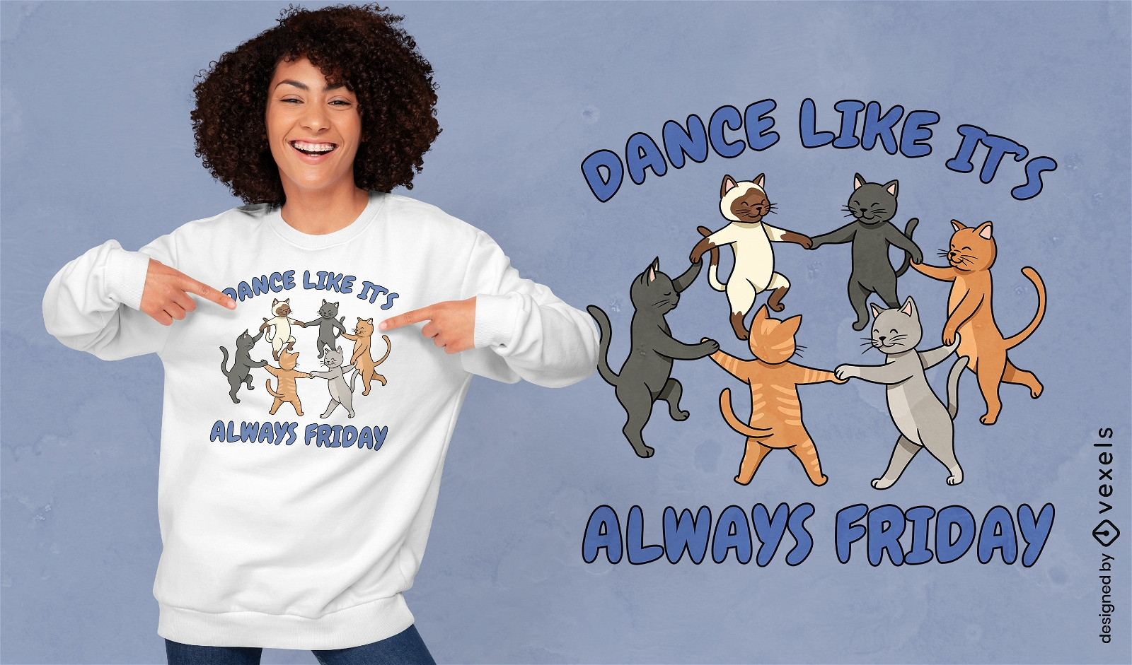 Diseño de camiseta de viernes de gatos bailando.