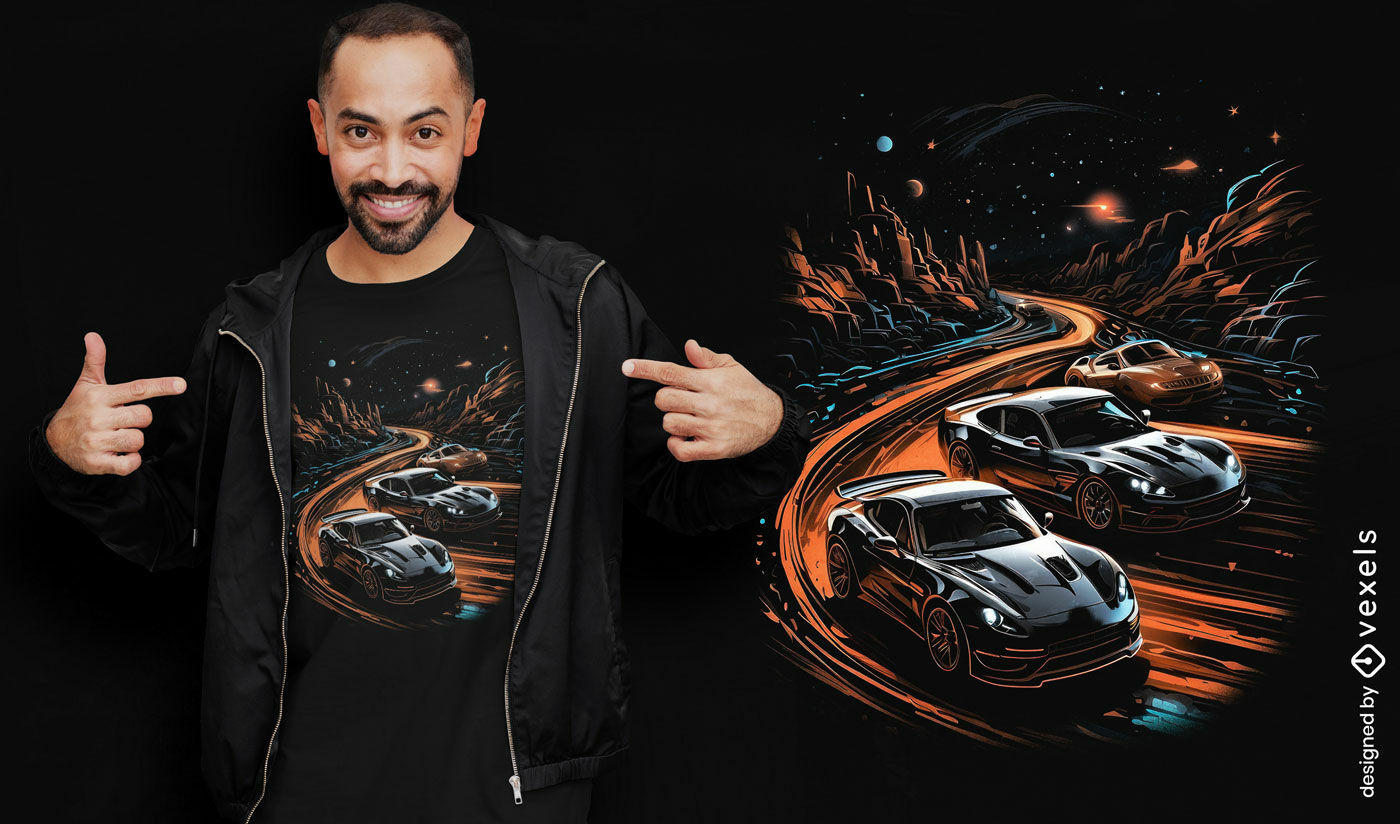 Diseño de camiseta de coche de carreras vibrante.