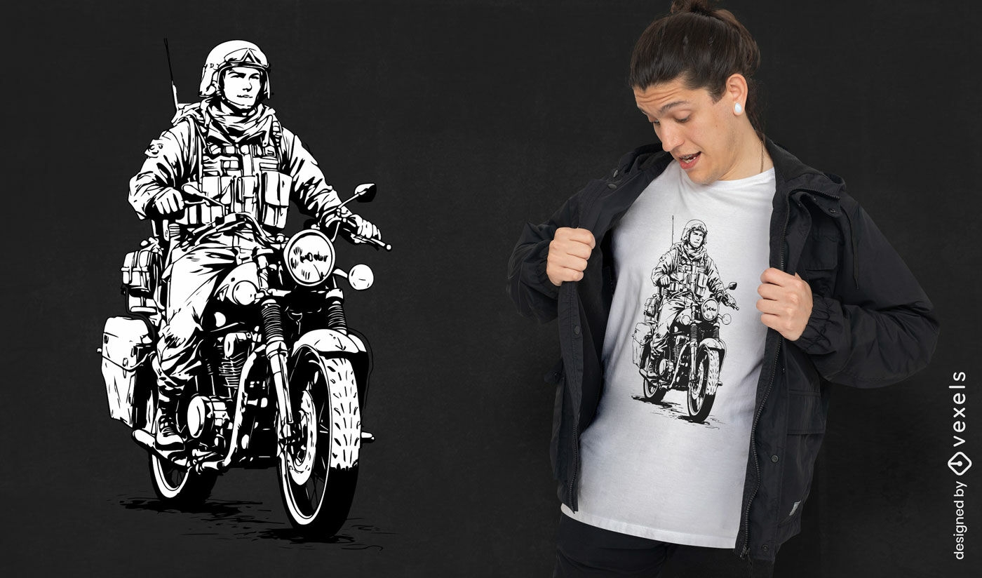 Diseño de camiseta de soldado en motocicleta.