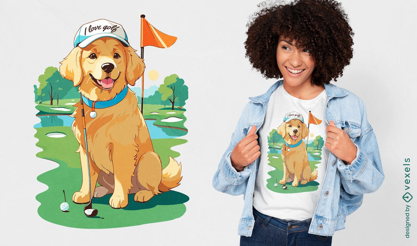 Diseño de camiseta con ilustración de perro de golf.