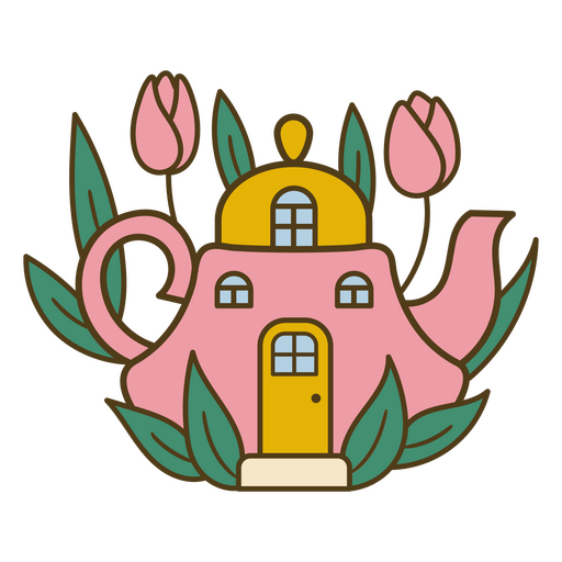 Pink teapot house with tulips design PNG Design