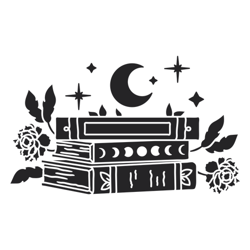 Diseño de pila de libros místicos con elementos florales y lunares. Diseño PNG