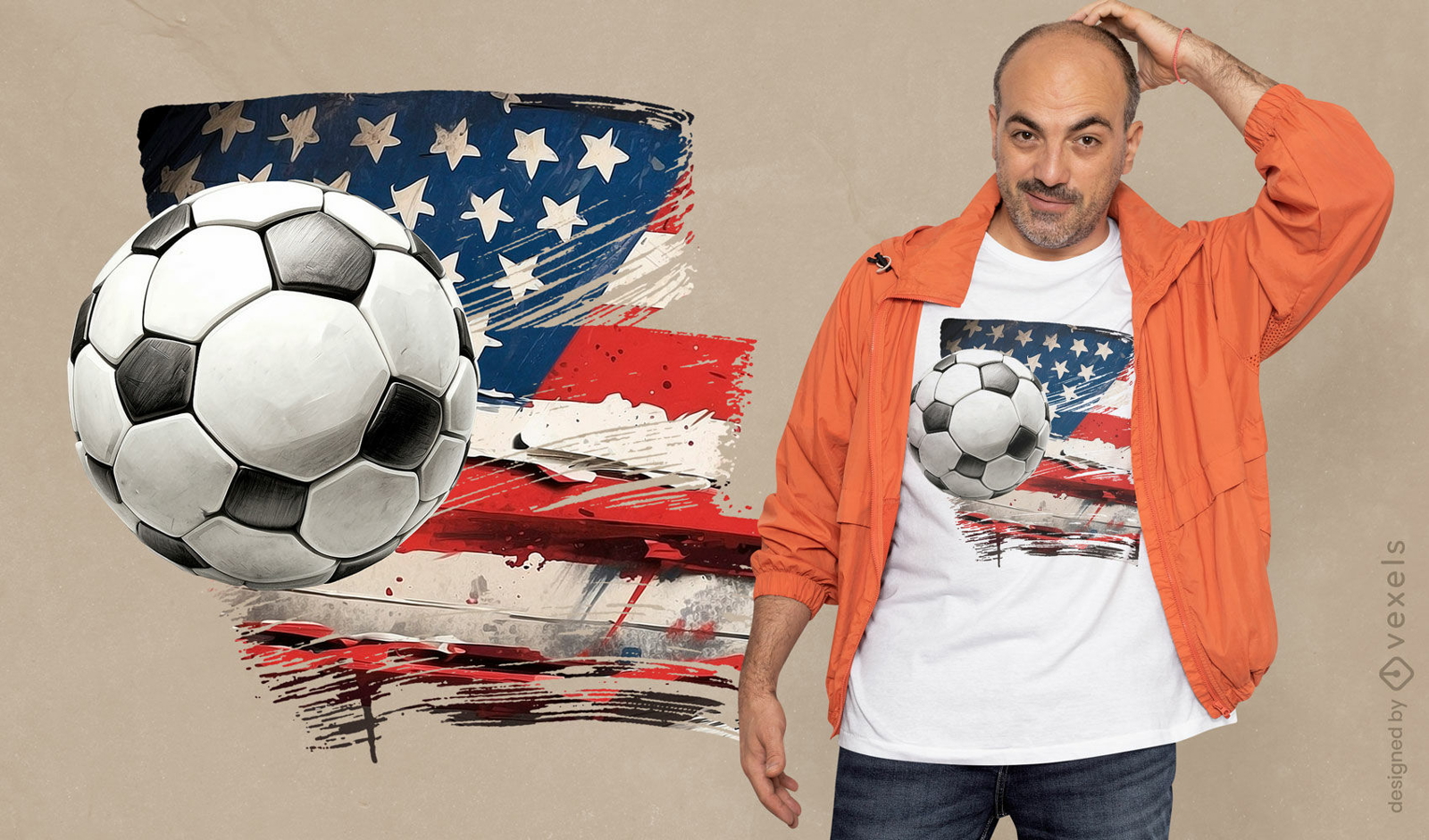 Diseño de camiseta con bandera y balón de fútbol de estados unidos.