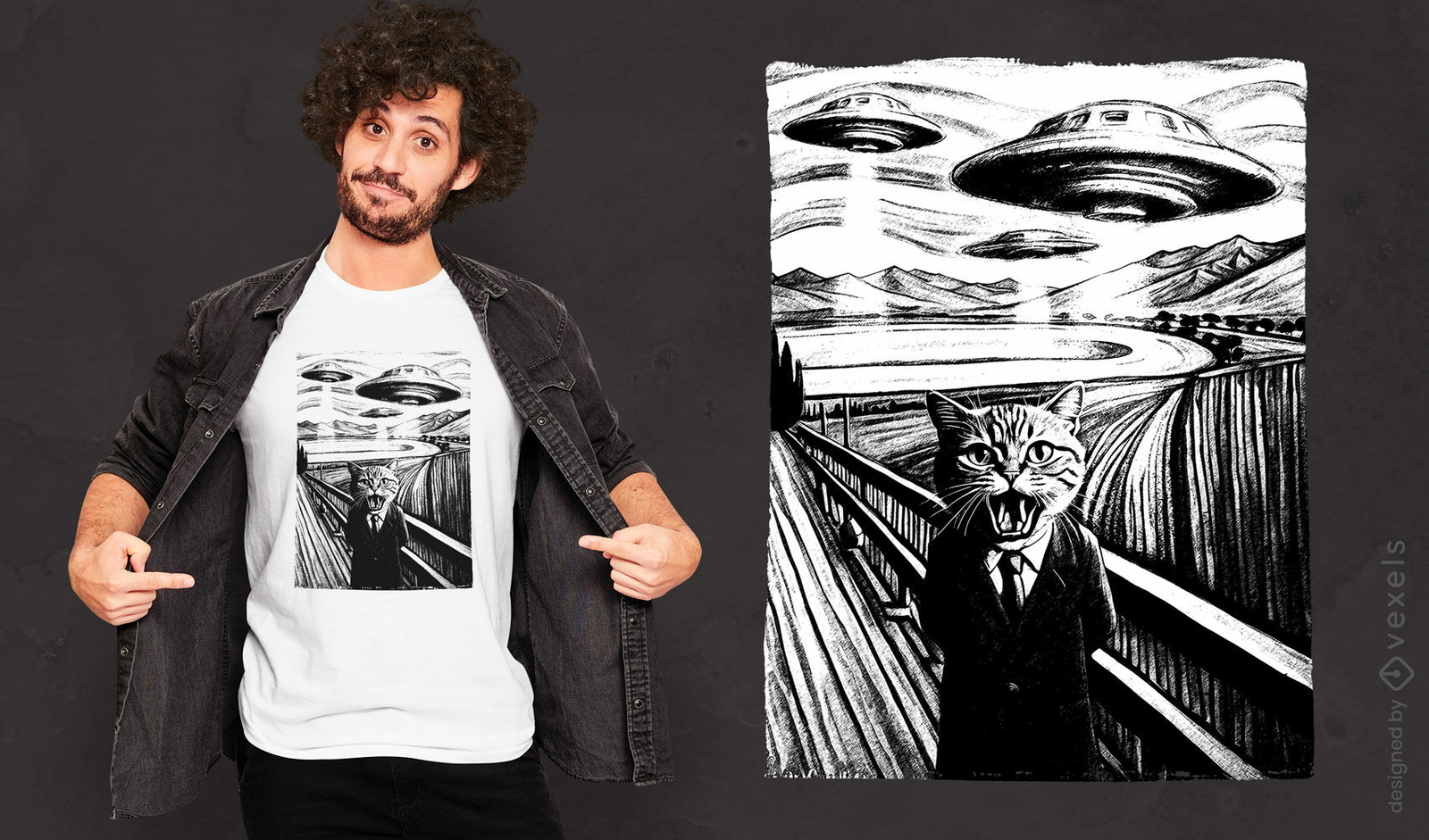 Diseño de camiseta ovni y gato estilo grito de Munch.