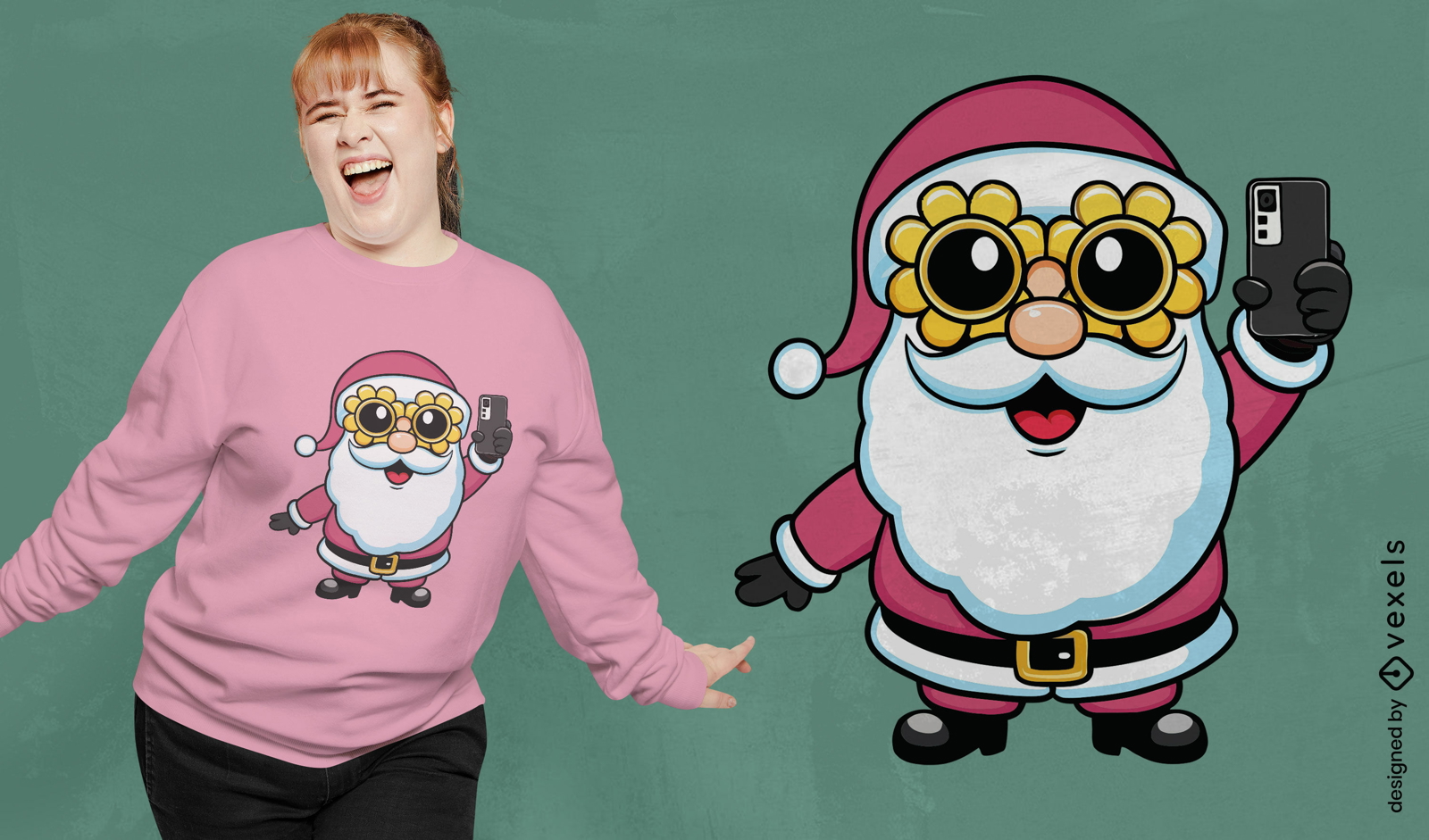 Design de camiseta com personagem do Papai Noel para tirar selfies