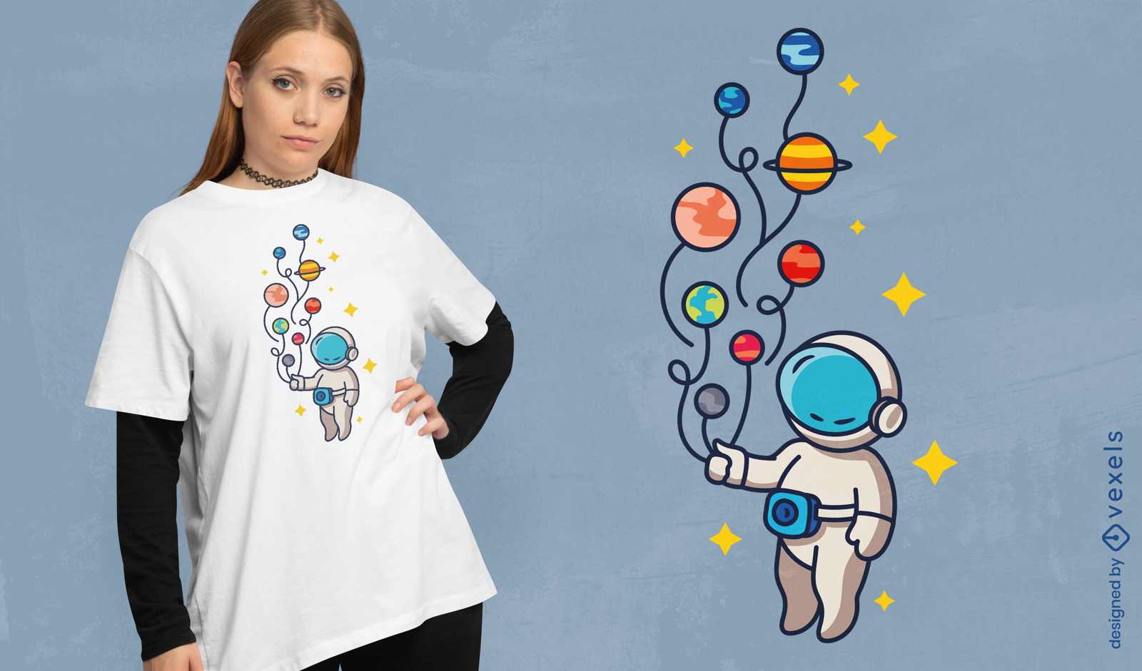 Diseño de camiseta de planetas astronauta y globo.