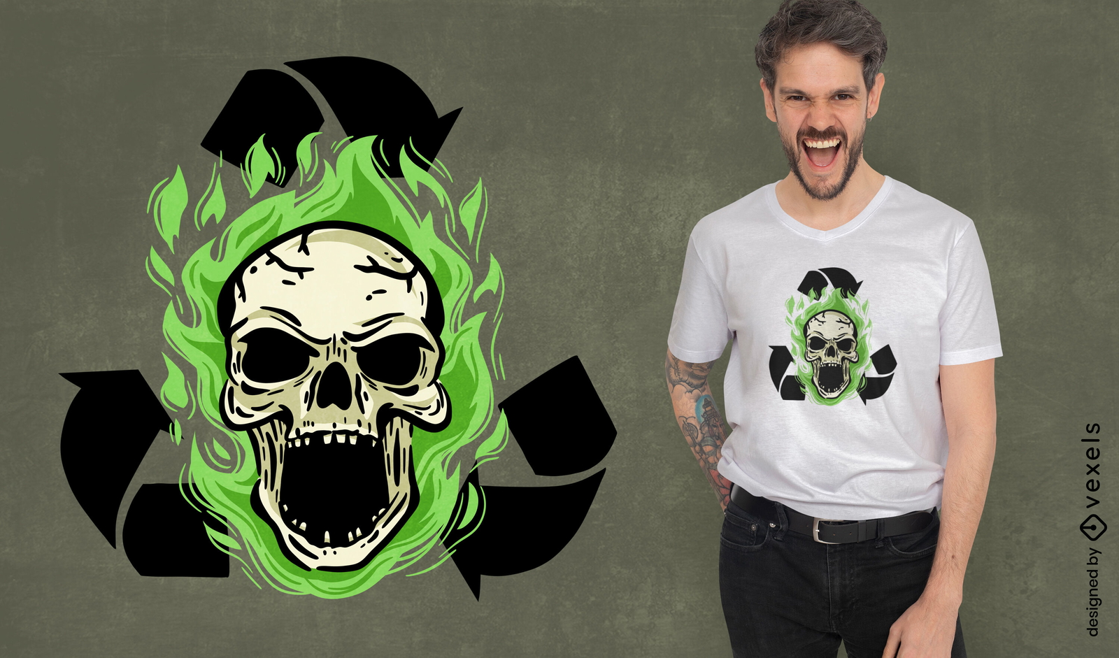 Diseño de camiseta de reciclaje de calavera llameante.