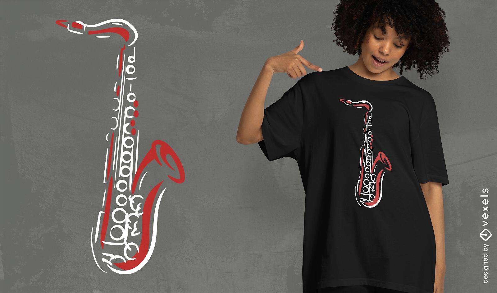 Diseño de camiseta de líneas musicales de saxofón.