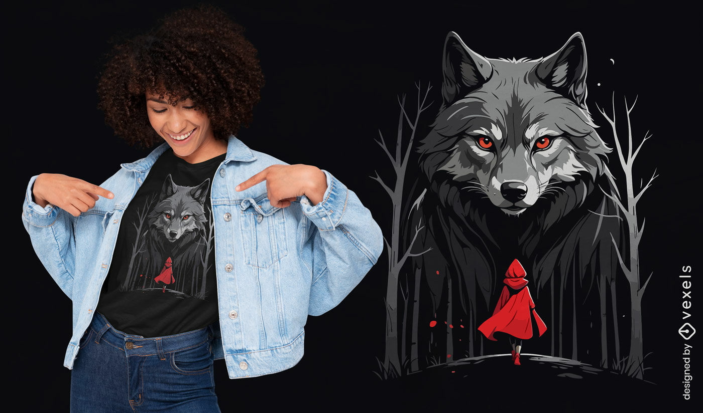 Chapeuzinho vermelho caminhando em direção ao design de camiseta do lobo