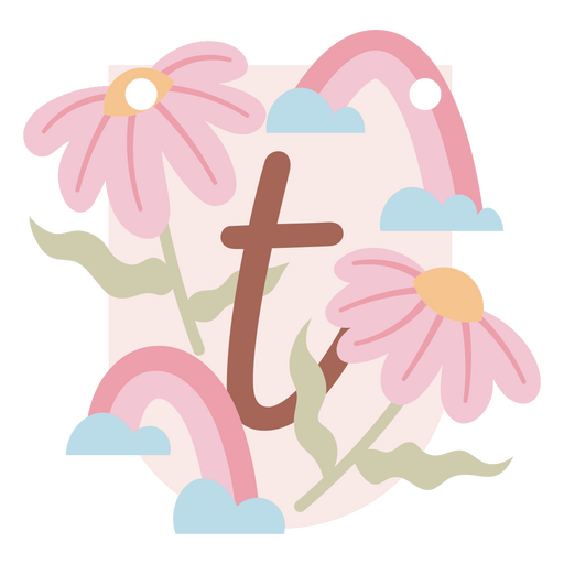 Diseño floral divertido con la letra t y elementos de arcoíris. Diseño PNG