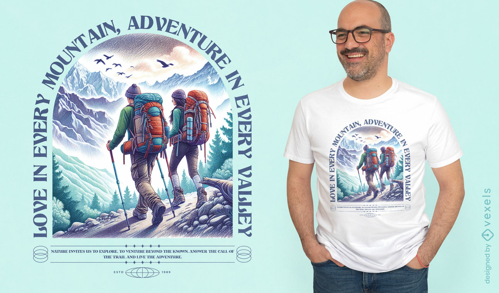 Design de camiseta de aventura para casal caminhando