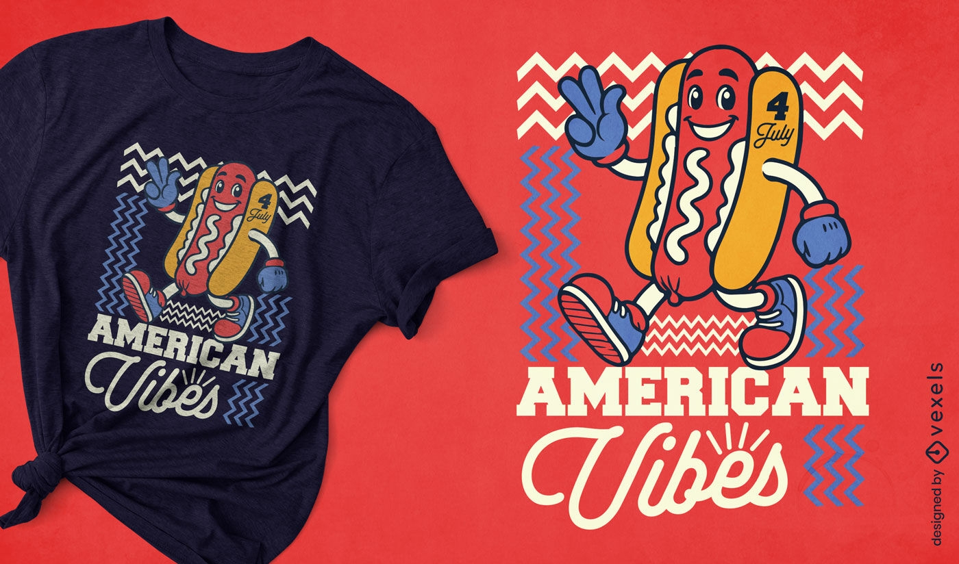 Diseño de camiseta de hot dog con vibraciones americanas.