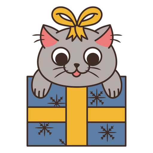 Ilustração de presente de gato fofo com laço e flocos de neve Desenho PNG