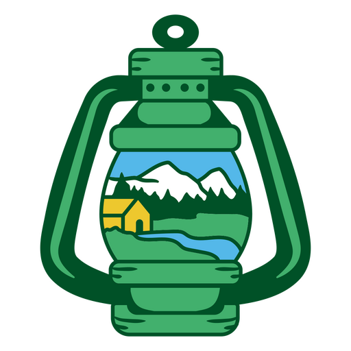 Vintage camping lantern design with mountain scene PNG Design