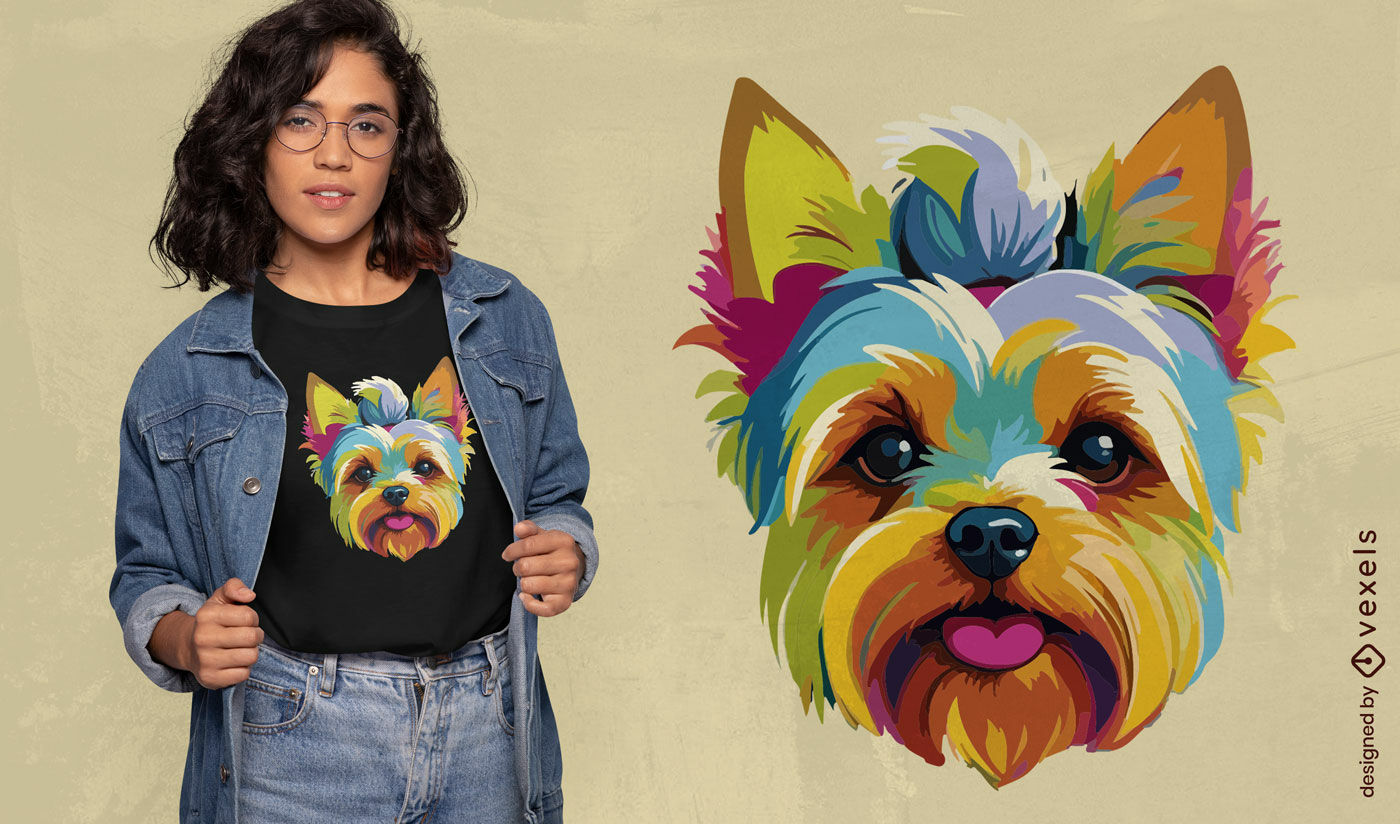 Diseño de camiseta colorida con cara de perro.