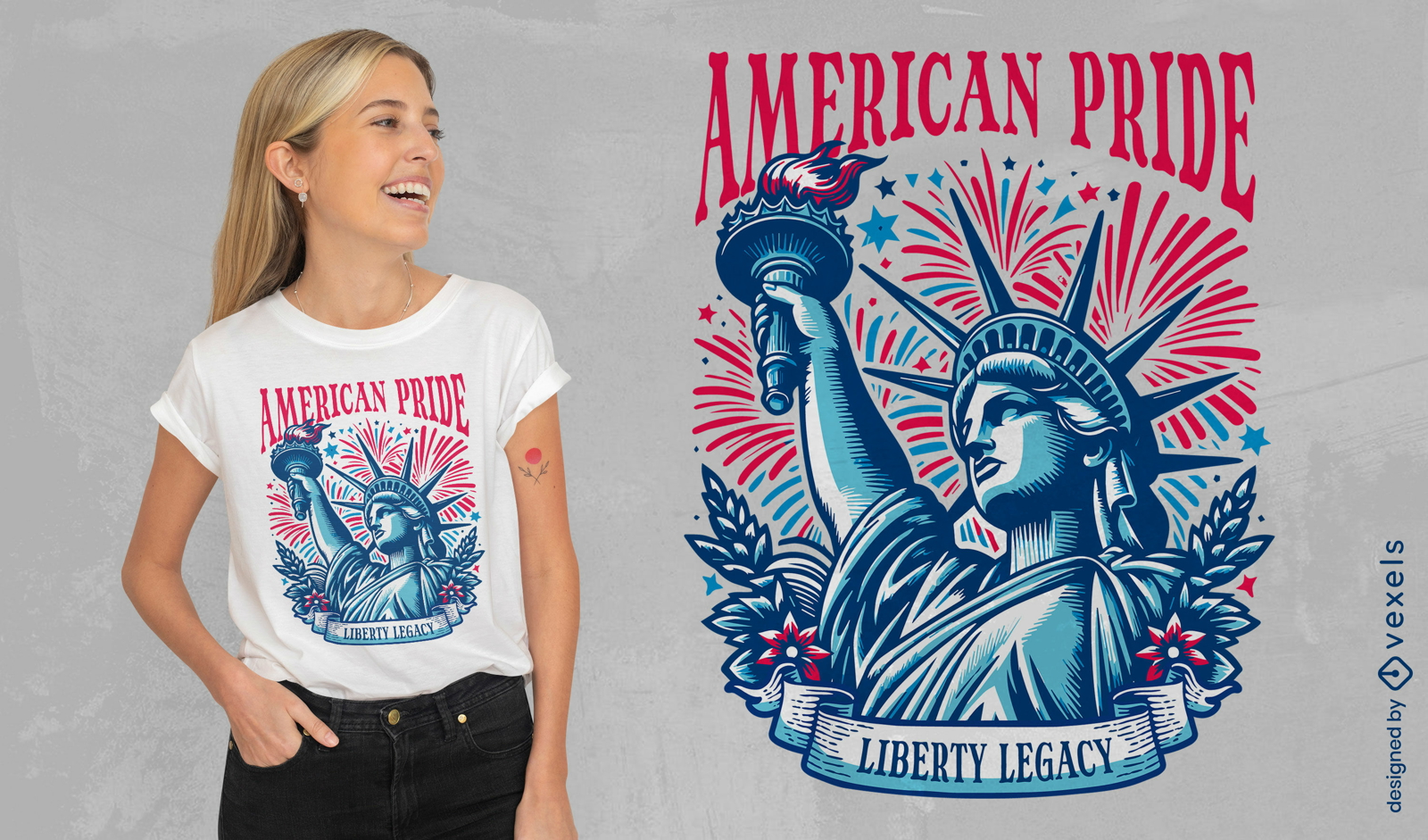 T-Shirt-Design mit Freiheitsstatue und amerikanischem Stolz