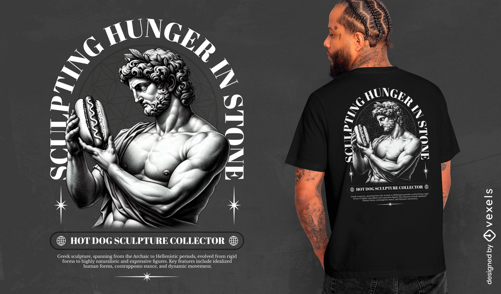 Design de camiseta com fome em pedra