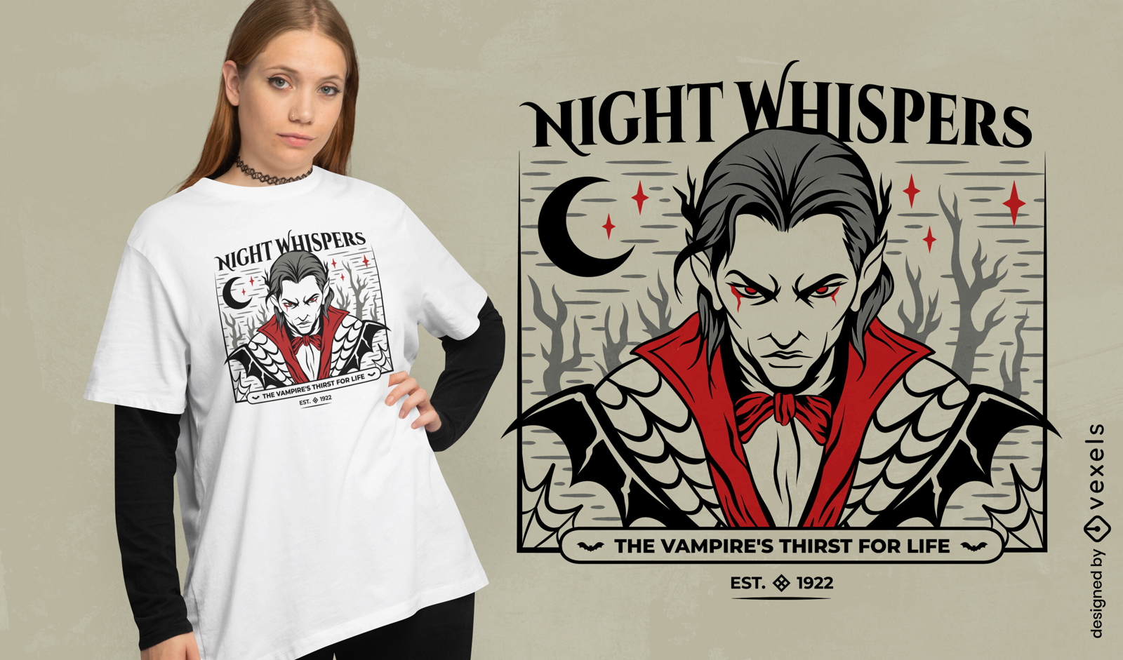 Design de camiseta com sussurros da noite do vampiro