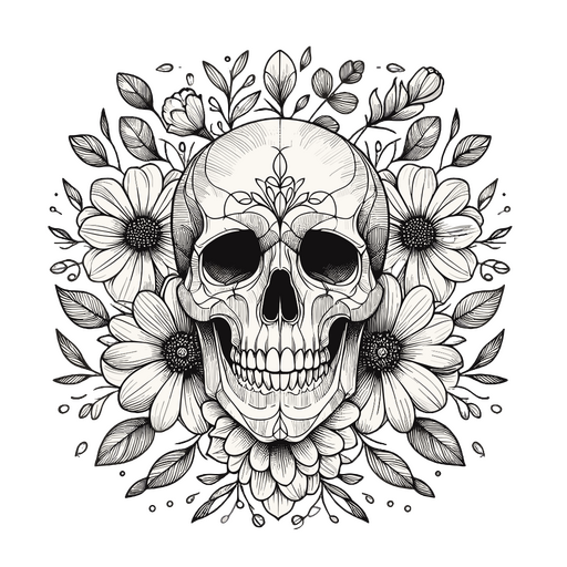 Calavera con flores en blanco y negro. Diseño PNG