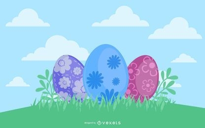 Huevos de Pascua decorados sobre césped