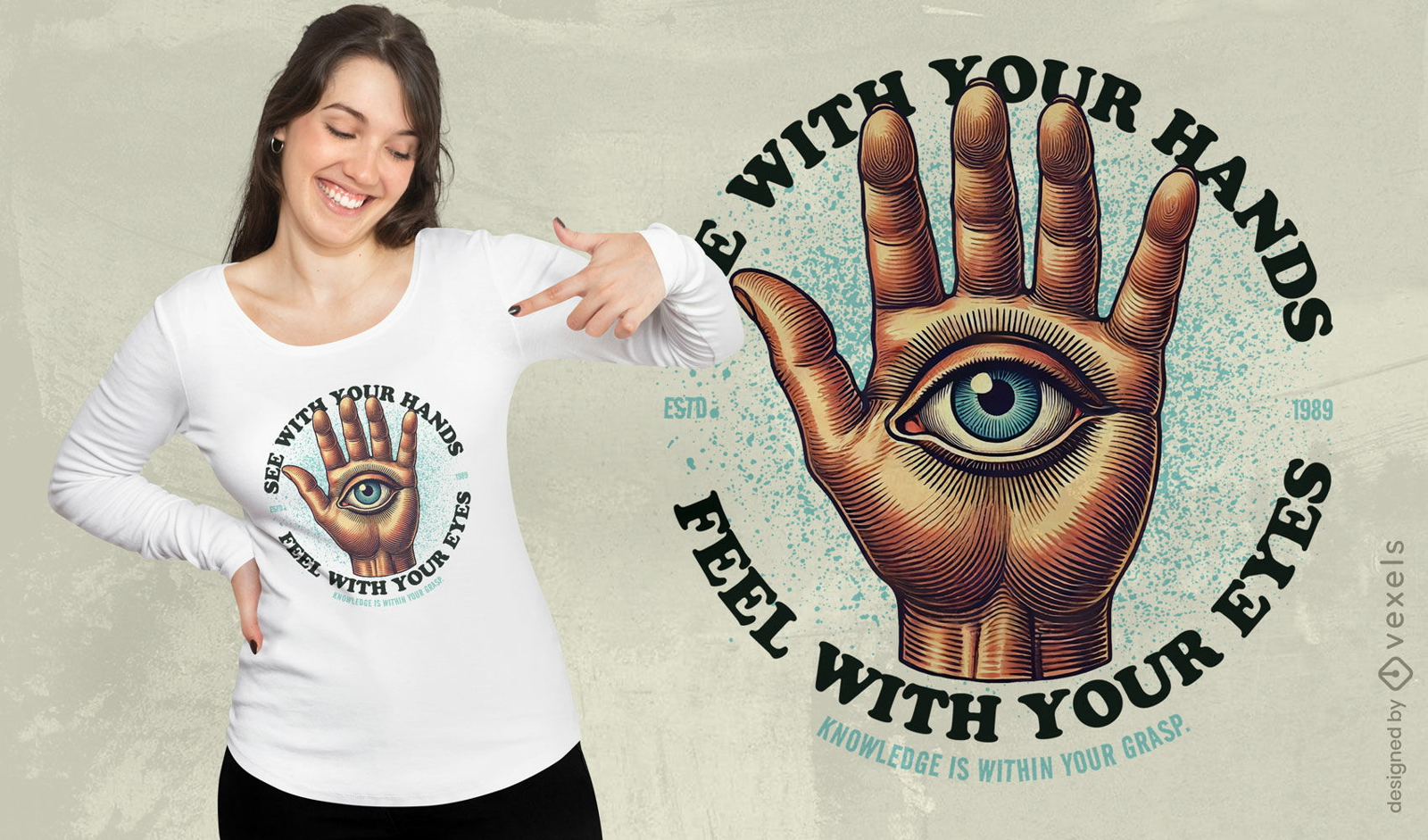 Diseño de camiseta de mano mística con ojo. 