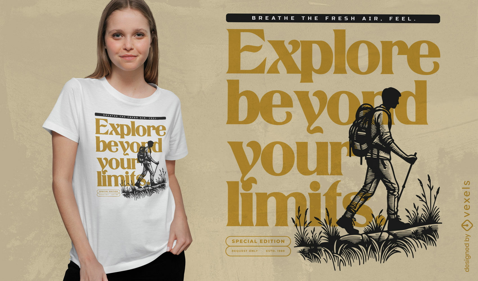 Diseño de camiseta con cita de exploración de senderismo.
