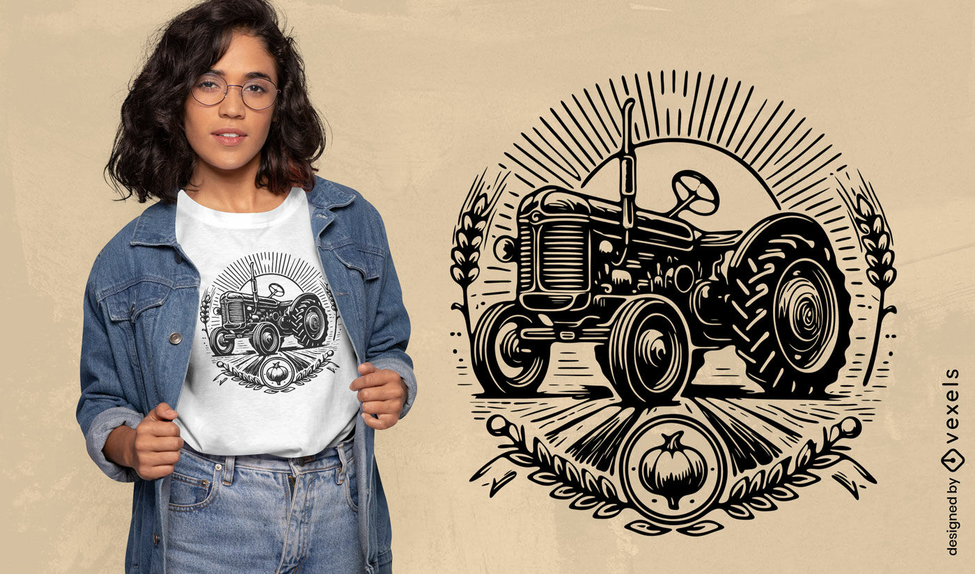 Diseño de camiseta con emblema circular de tractor agrícola vintage.