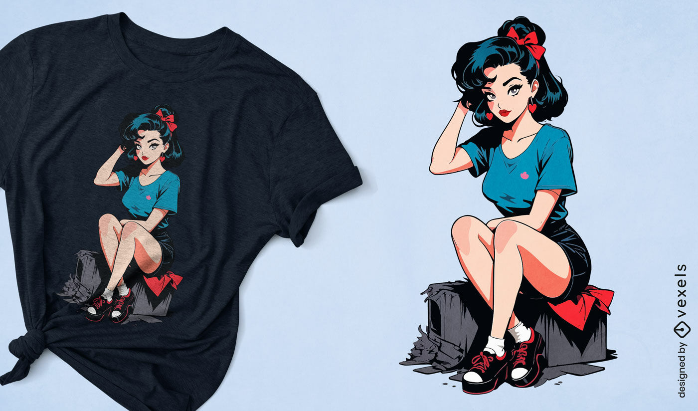 Garota pinup retrô com design de camiseta de cabelo azul