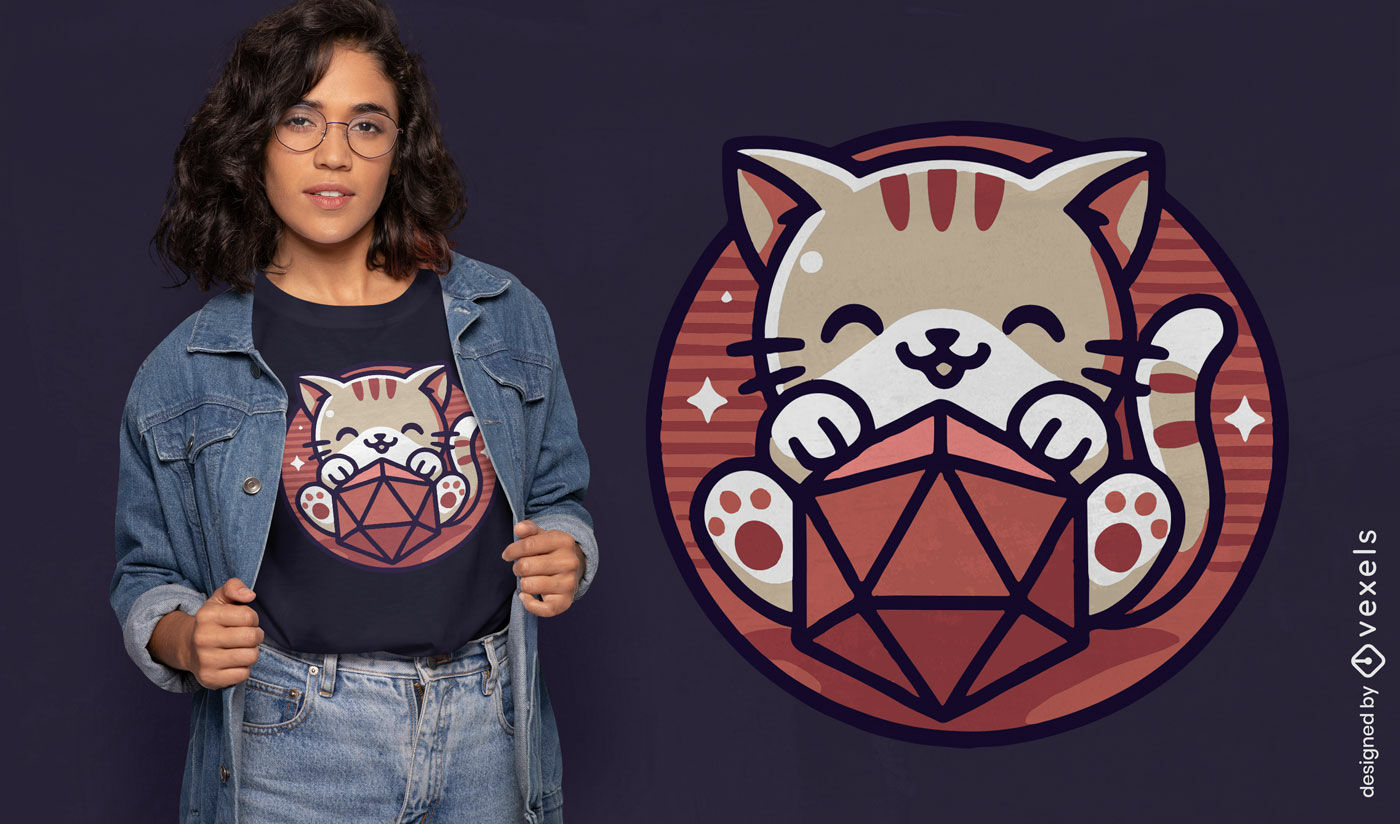 Diseño de camiseta de gato con dados D20.