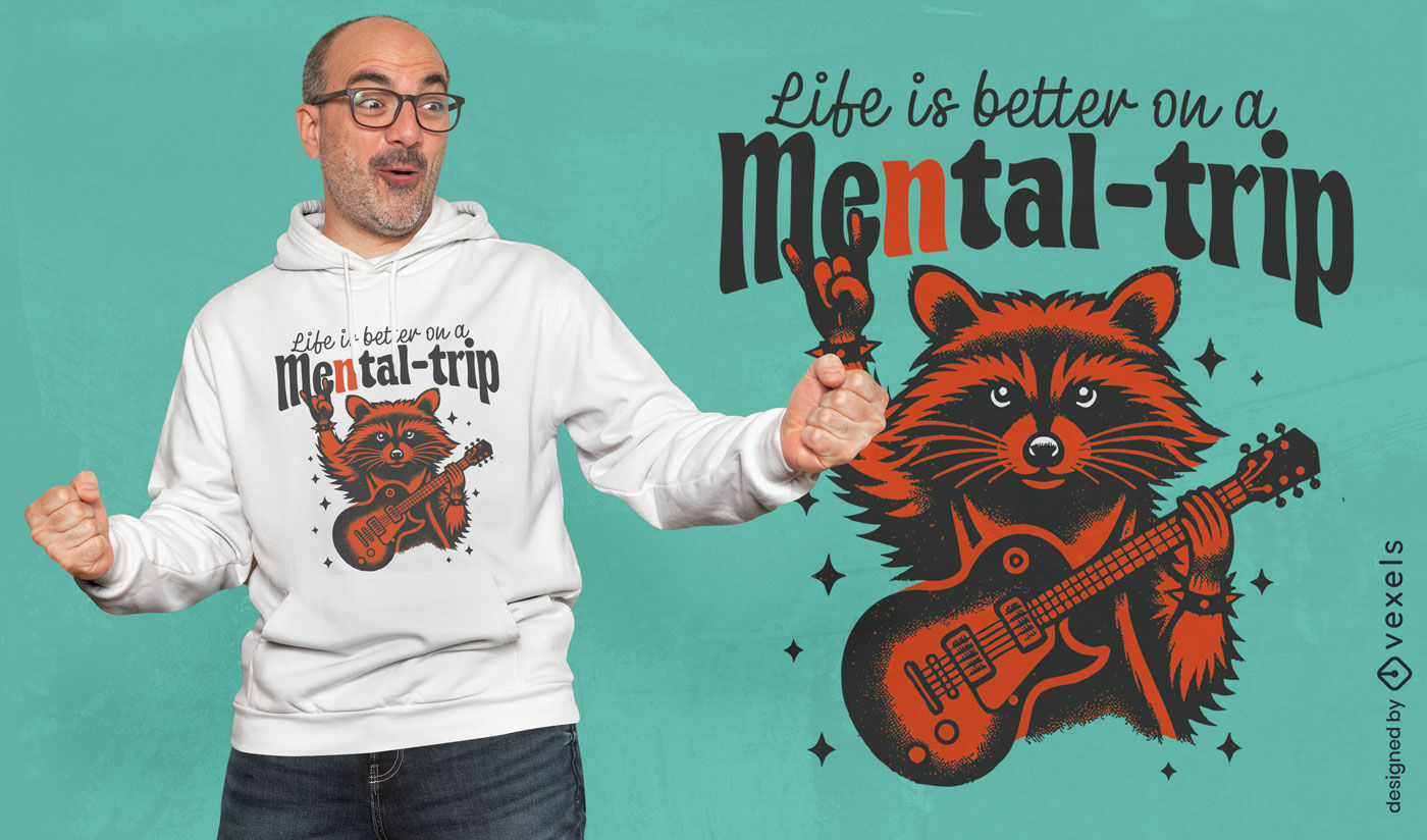 Diseño de camiseta de mapache que toca la guitarra.