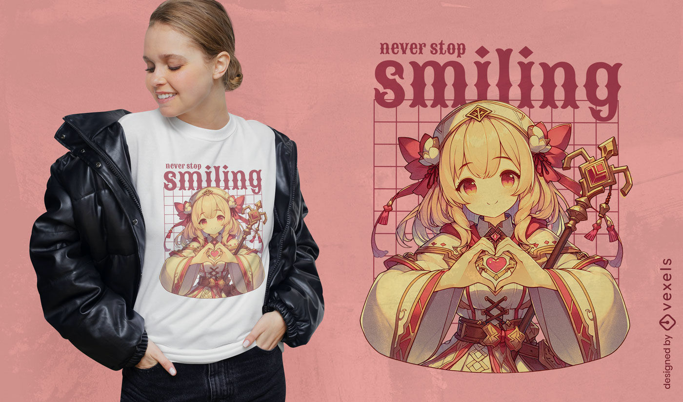 Diseño de camiseta de chica anime sonriendo.