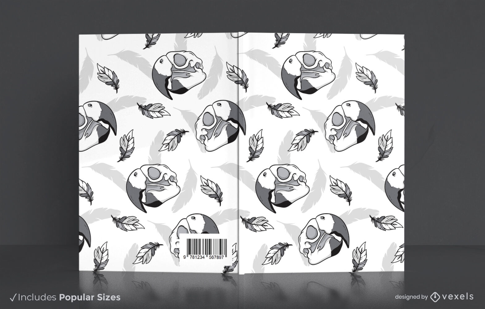 Diseño de portada de libro con patrón de calaveras de loros.
