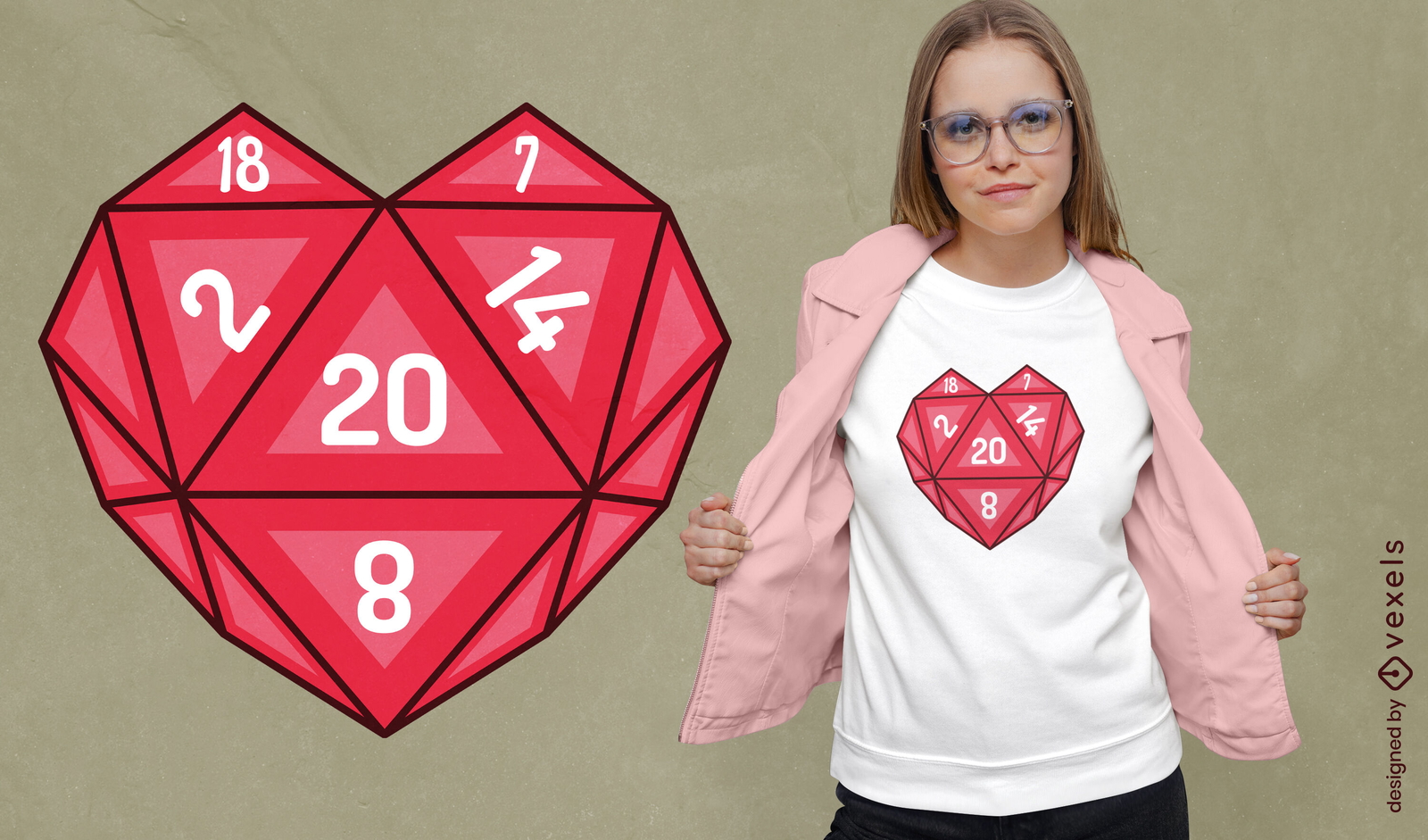 Design de camiseta D20 em formato de coração