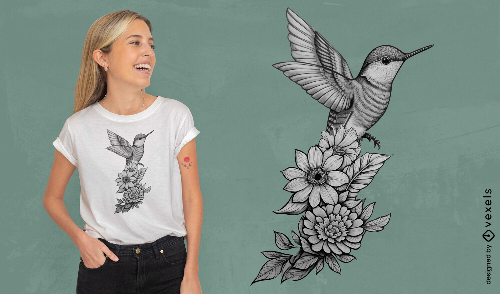 Diseño de camiseta de colibrí con flores.