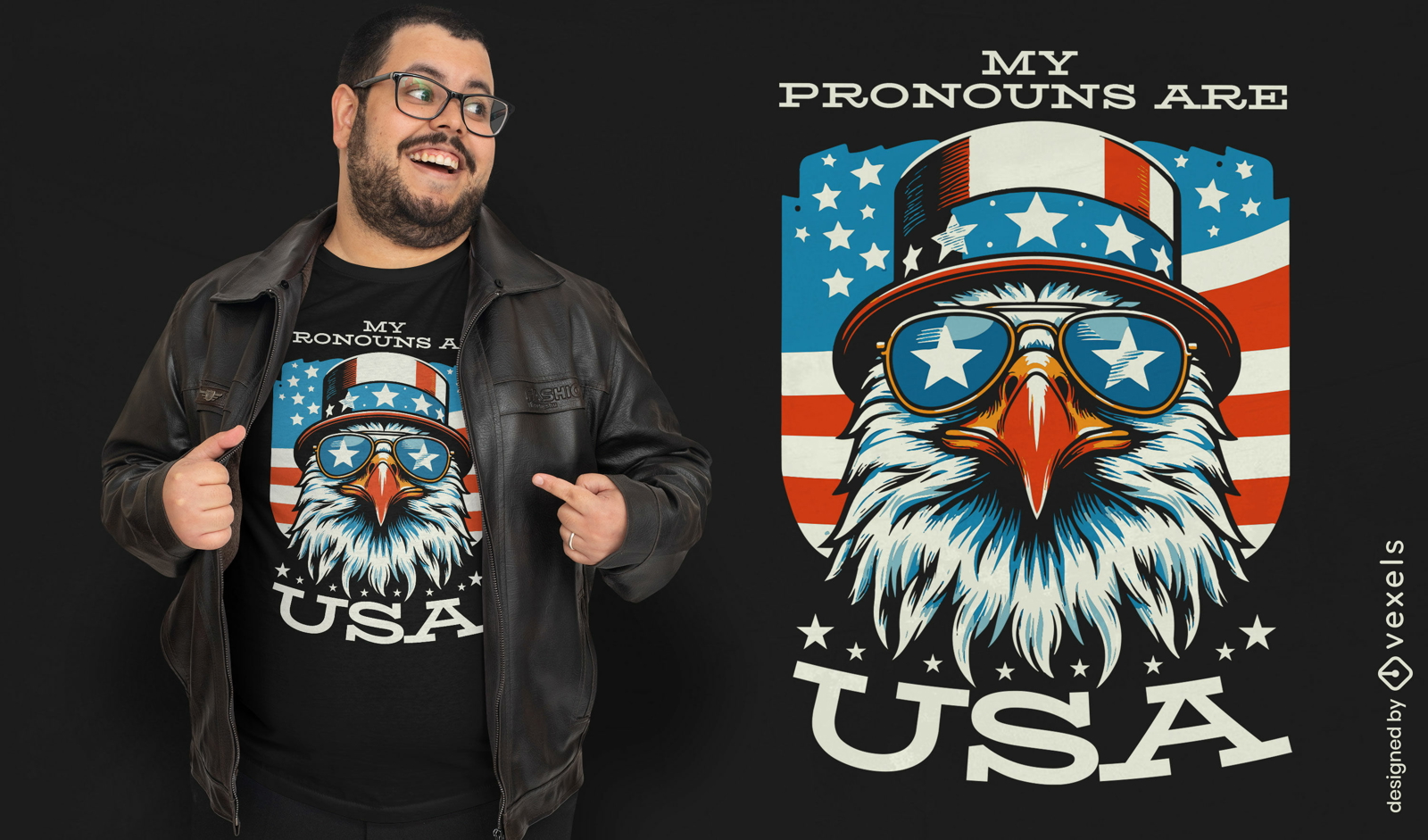 Diseño de camiseta con pronombres estadounidenses de águila patriótica.