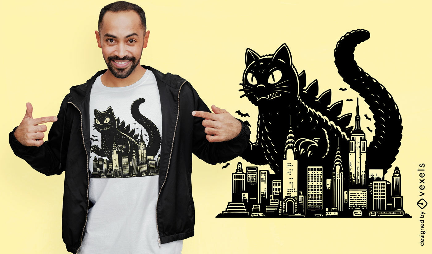 Diseño de camiseta con horizonte de ciudad de gato gigante.