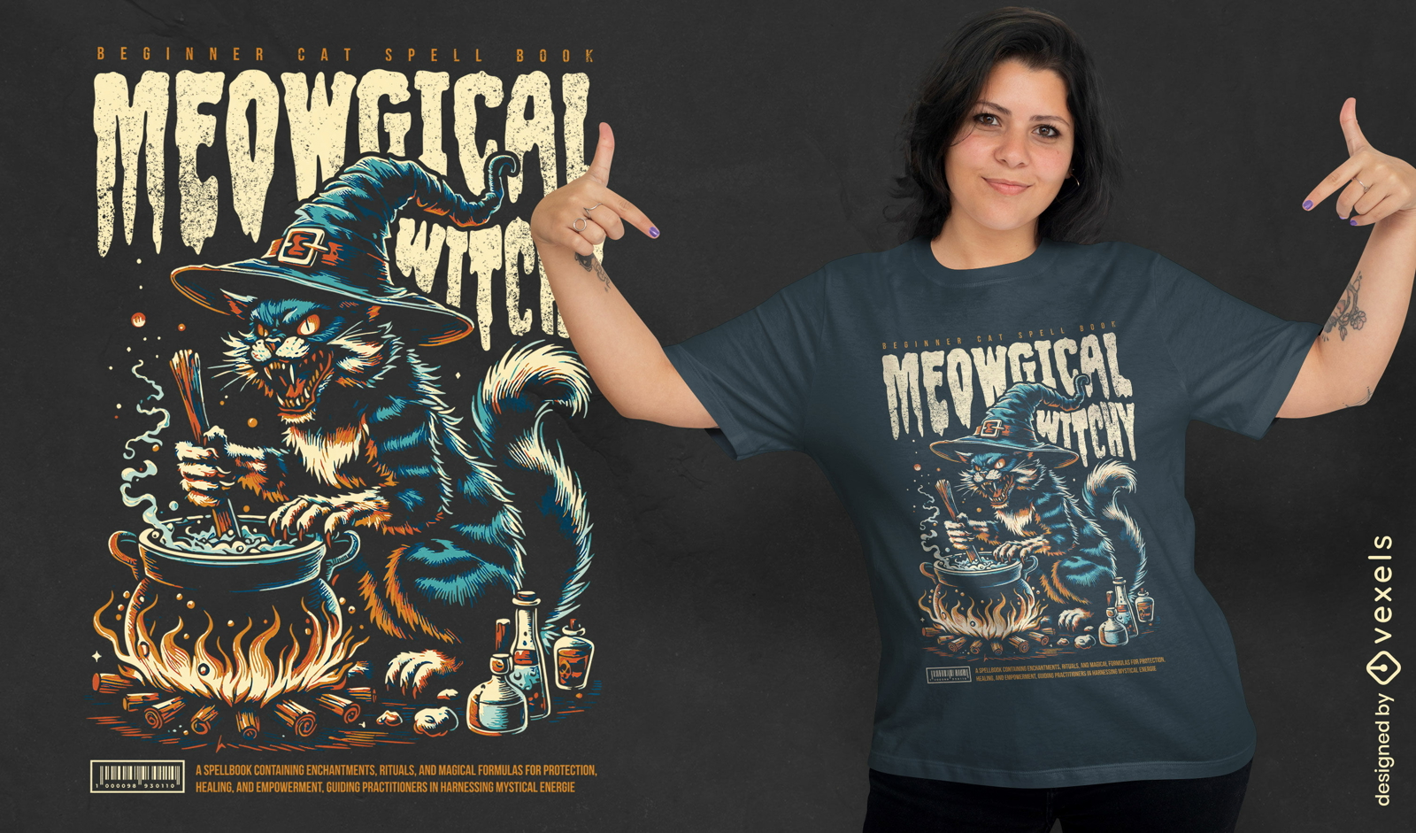 Meowgical witch cat brewing potion t-shirt design