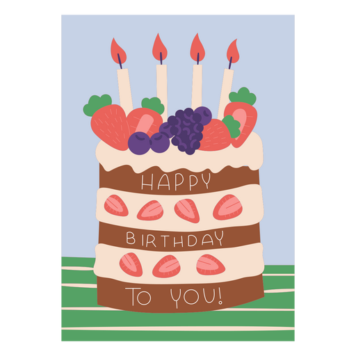 Pastel colorido en capas con diseño de saludo de cumpleaños de frutas y velas. Diseño PNG