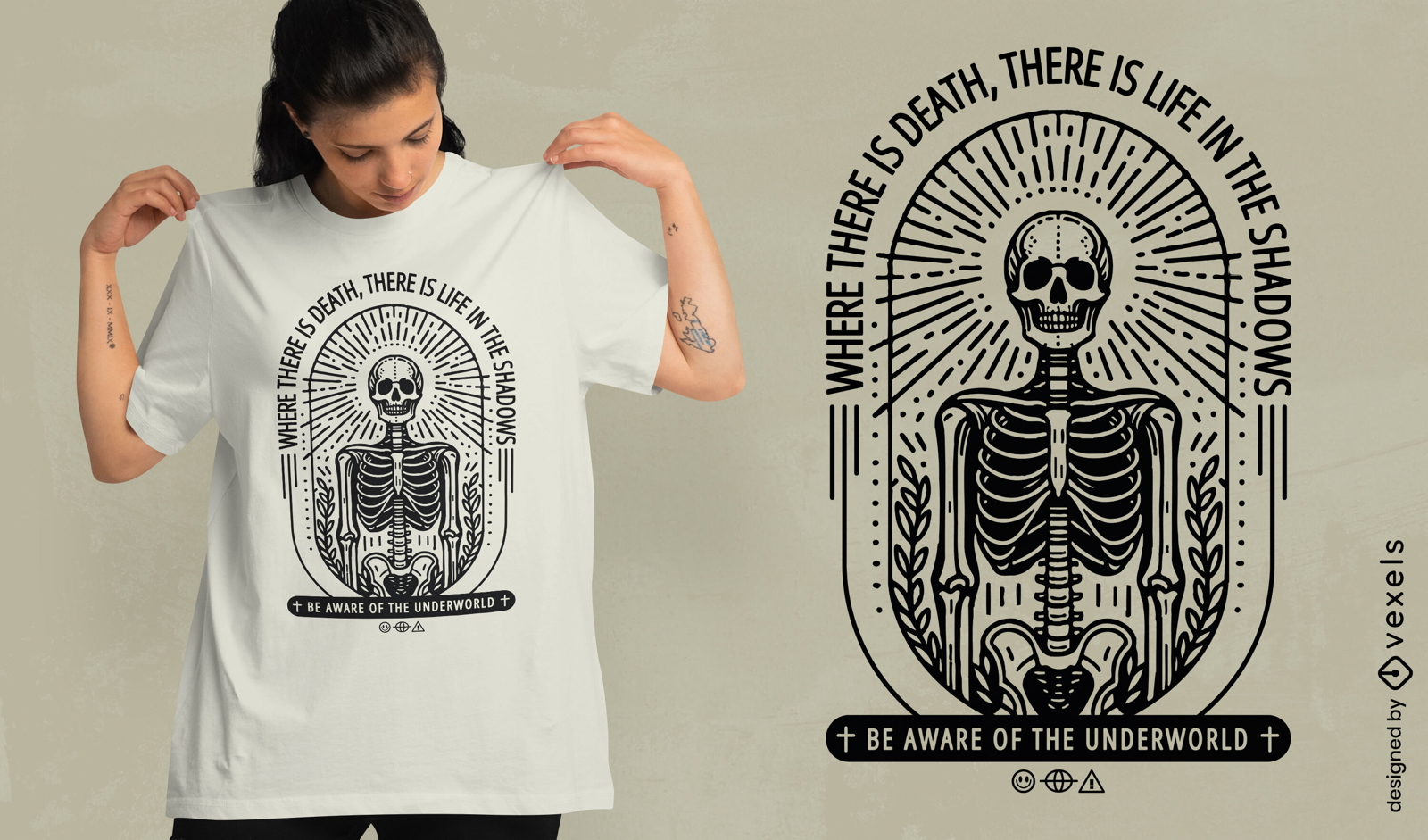 Design de camiseta com esqueleto de vida e morte