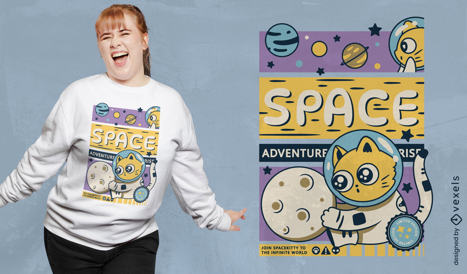 Diseño de camiseta de gato de aventura espacial.