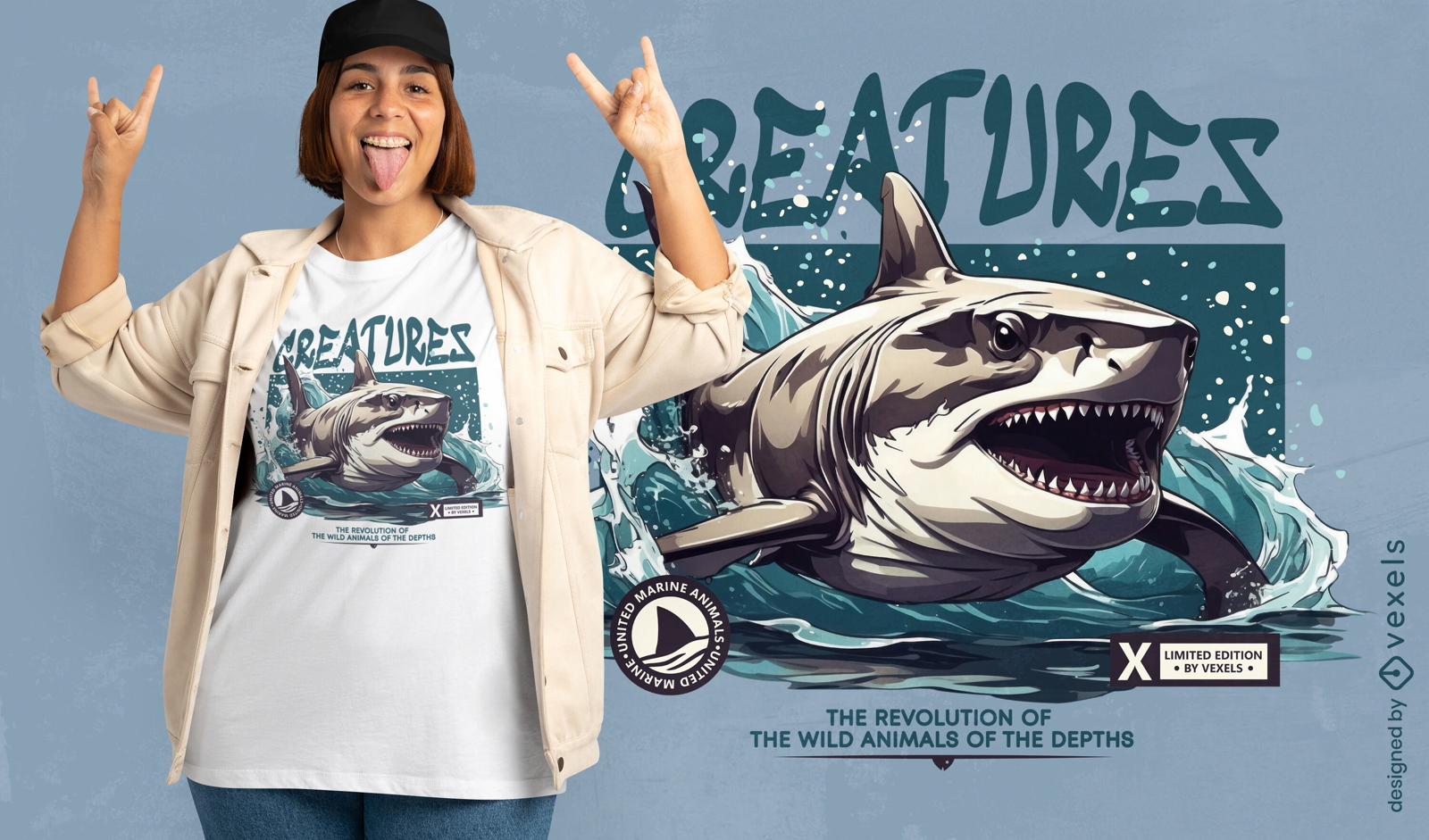 Diseño de camiseta de criaturas de tiburones.