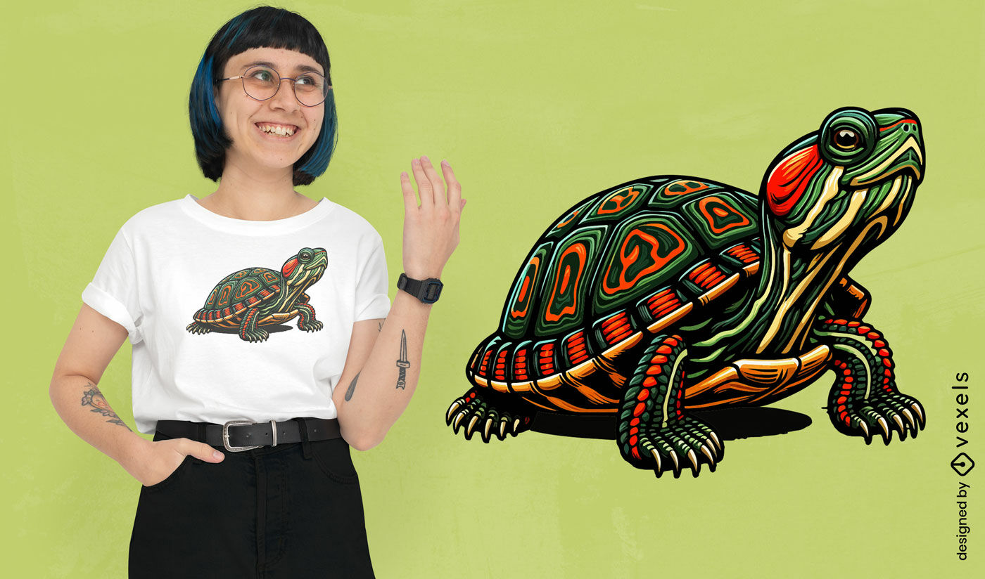 Diseño de camiseta de tortuga colorido y detallado.