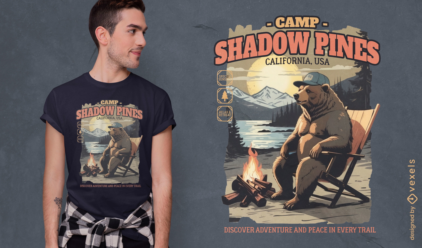 Diseño de camiseta Camp Shadow Pines California Estados Unidos.
