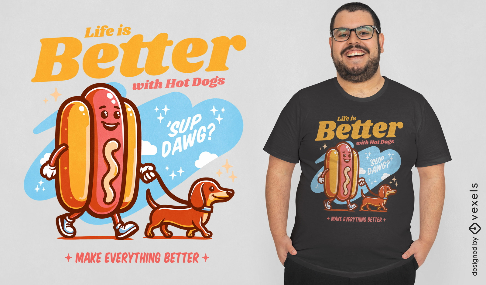 Diseño de camiseta de perro salchicha y hot dog