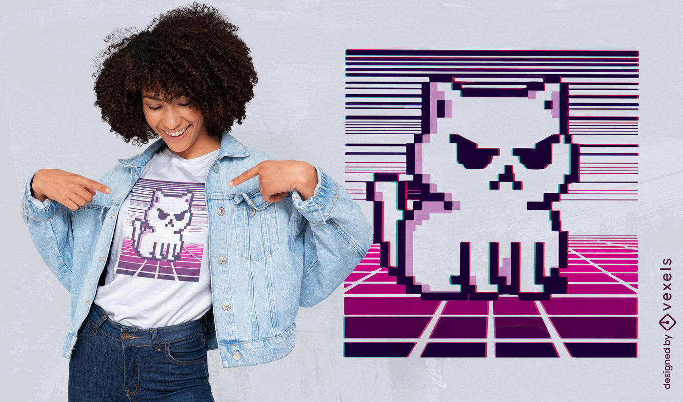 Design de camiseta com gato branco pixelado