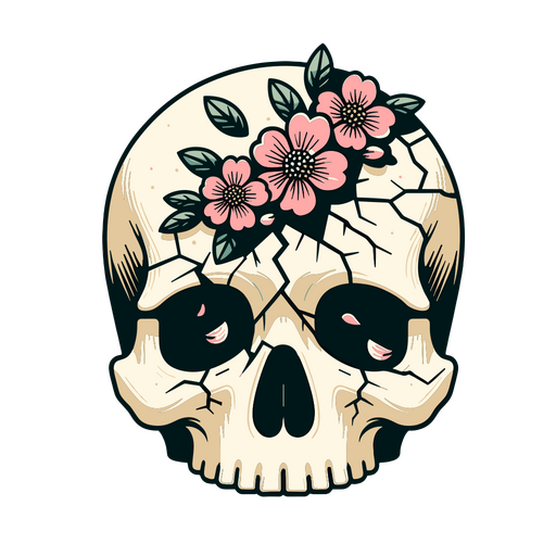 Cracked skull with flowers PNG Design